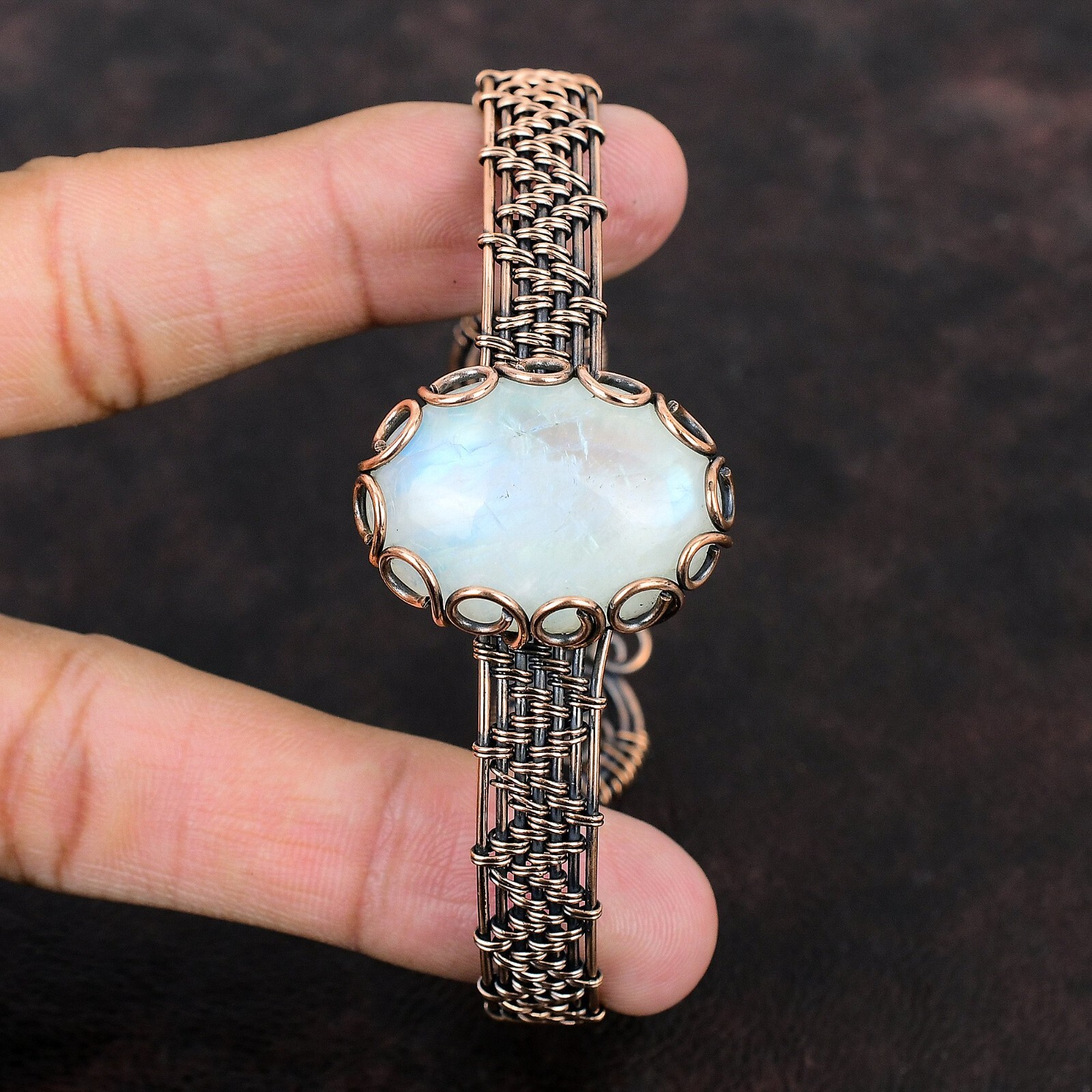 Rainbow Moonstone Wire Wrapped Adjustable Bangle Handcrafted Copper Gift