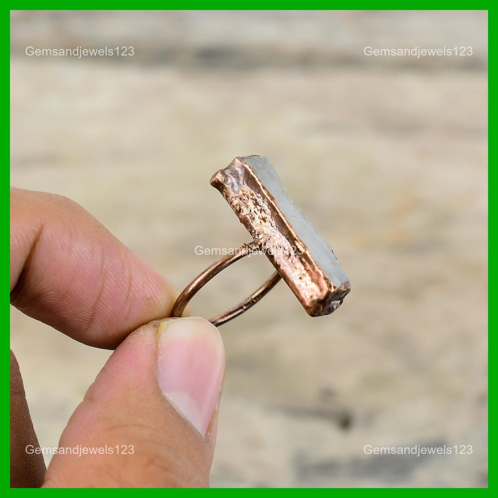 Radiant Rainbow Moonstone Rough Stone Copper Stackable Unique Electroformed Ring