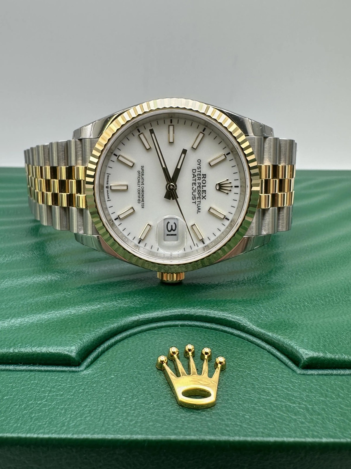 Rolex Datejust 36 126233 18K Fluted White Dial Jubilee Box Papers FULL STICKERS