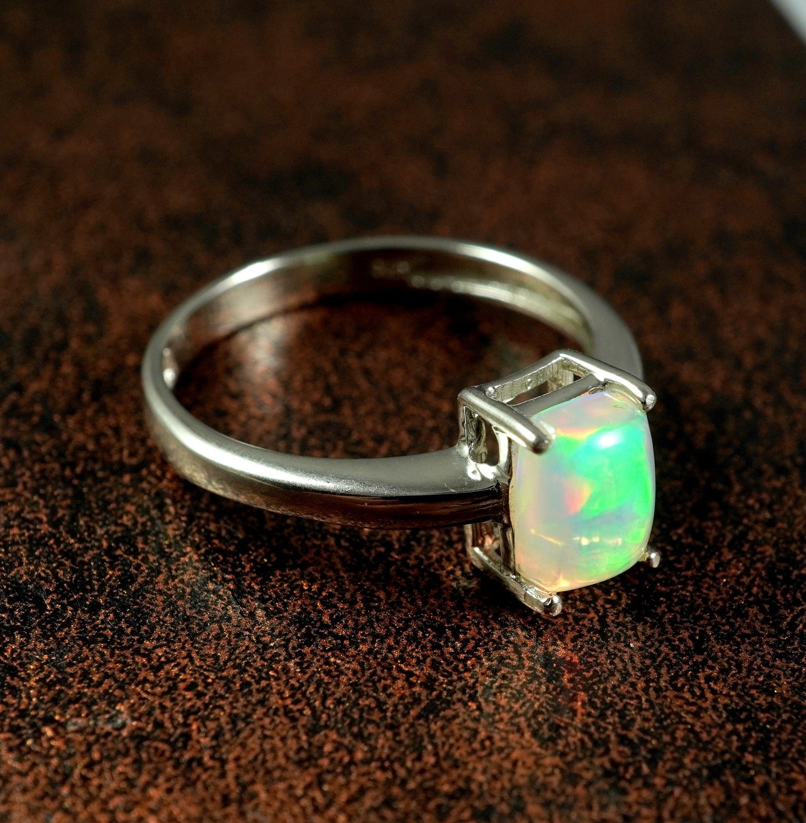 Octagon Opal Ring, Cabochon Gem Fire Opal Ring, Gift for Her, Anniversary Ring