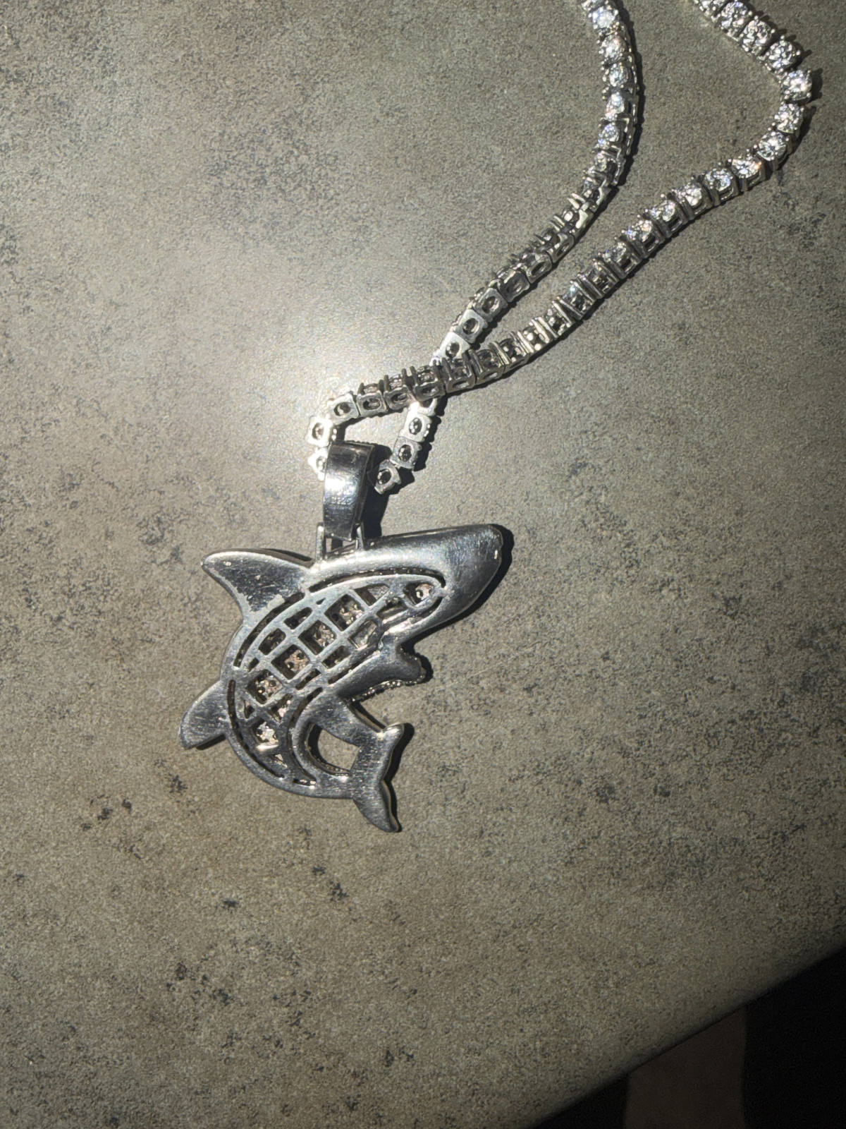 white gold moissanite tennis chain and shark pendant