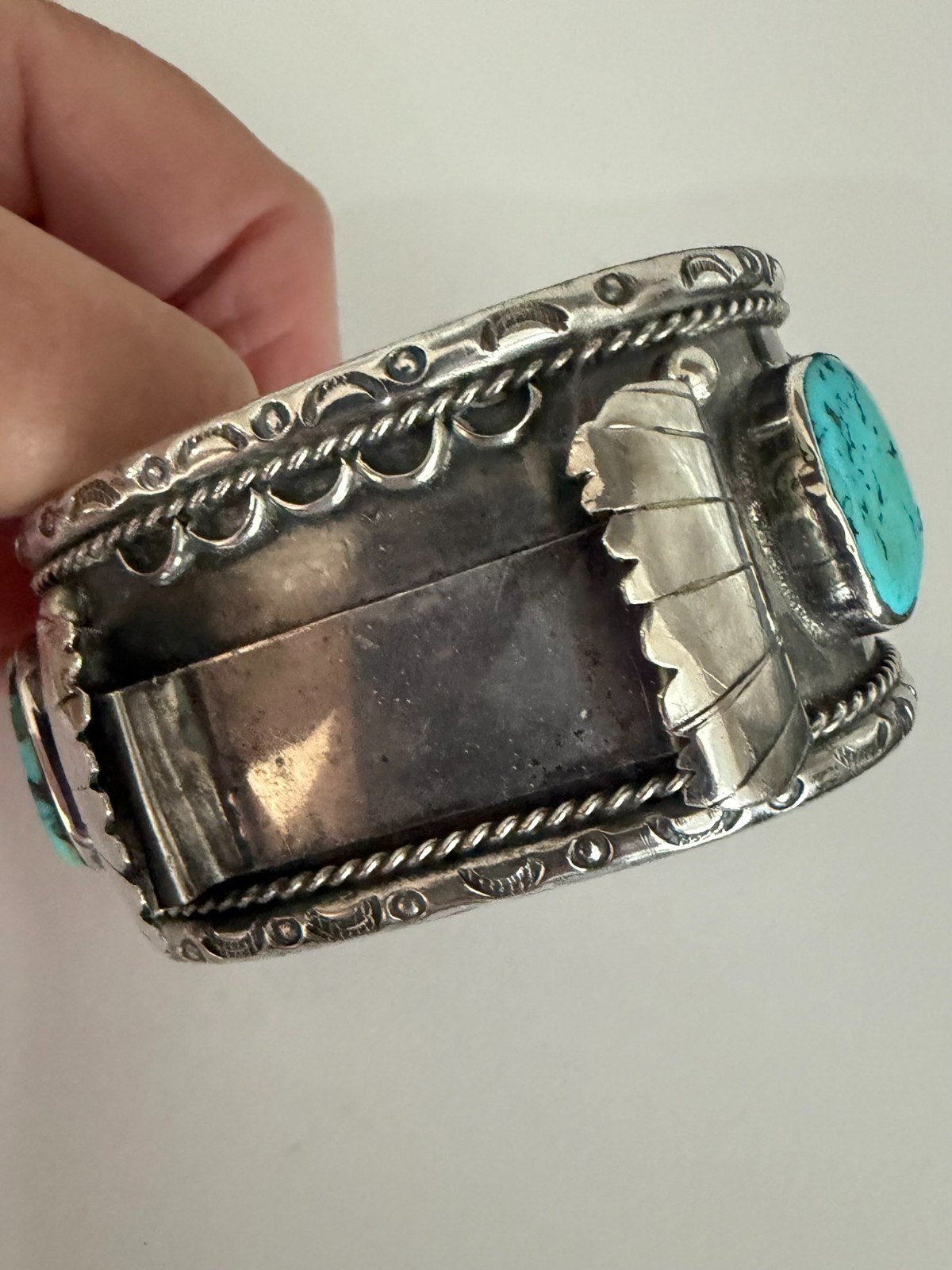Vintage Navajo Sterling Watch Cuff Bracelet 114g Turquoise Coral 1940’s Men’s 6”