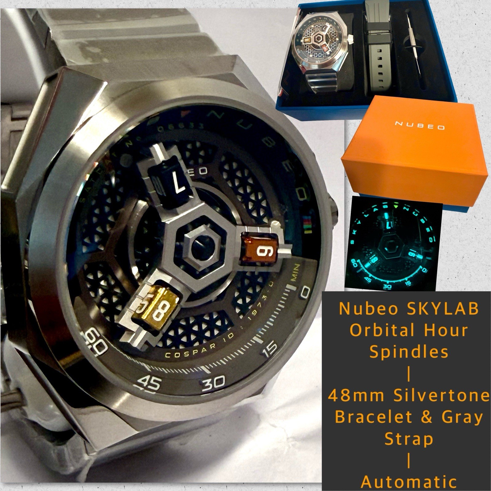 48mm Auto SKYLAB Brown Rim | Satellite Hours | Bracelet & Gray Band NUBEO Watch