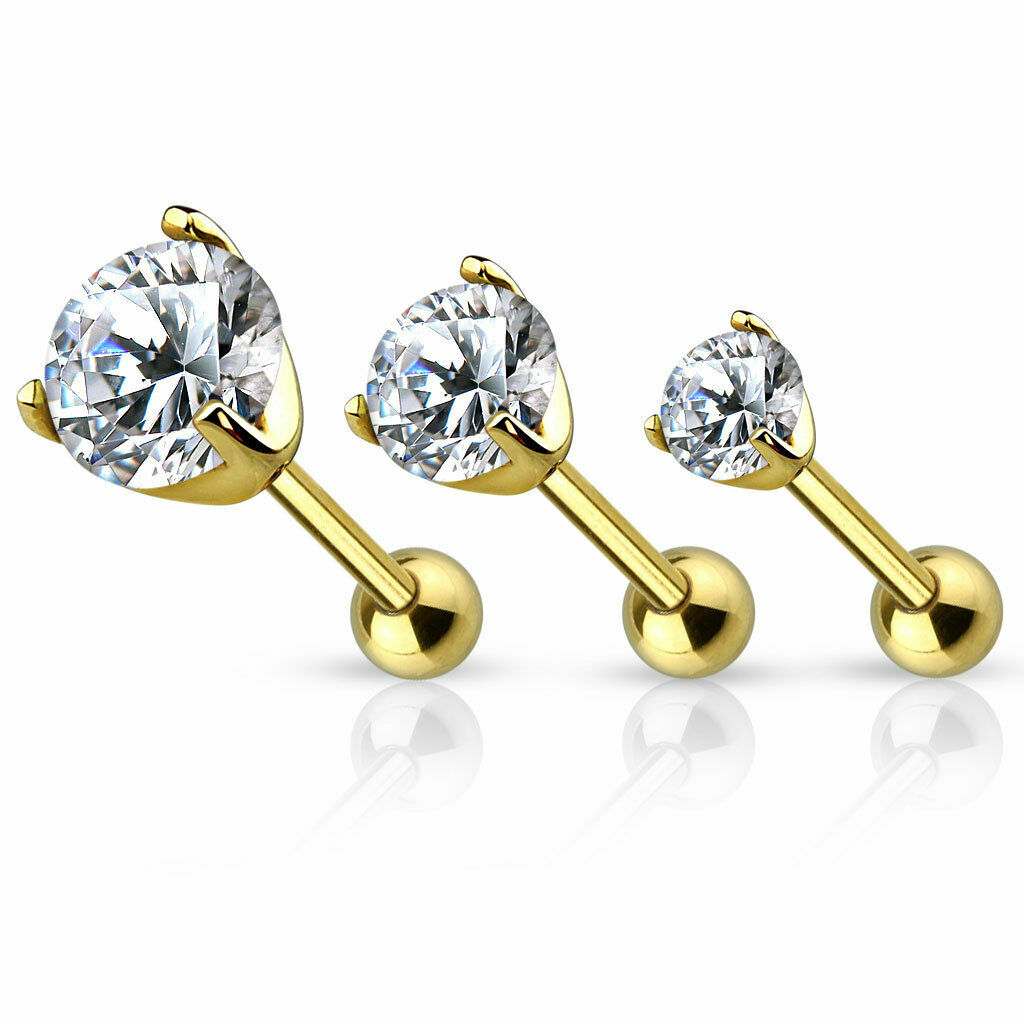 Surgical Steel Helix Tragus Cartilage Barbell Stud Earring 3 Asst Size CZ Set