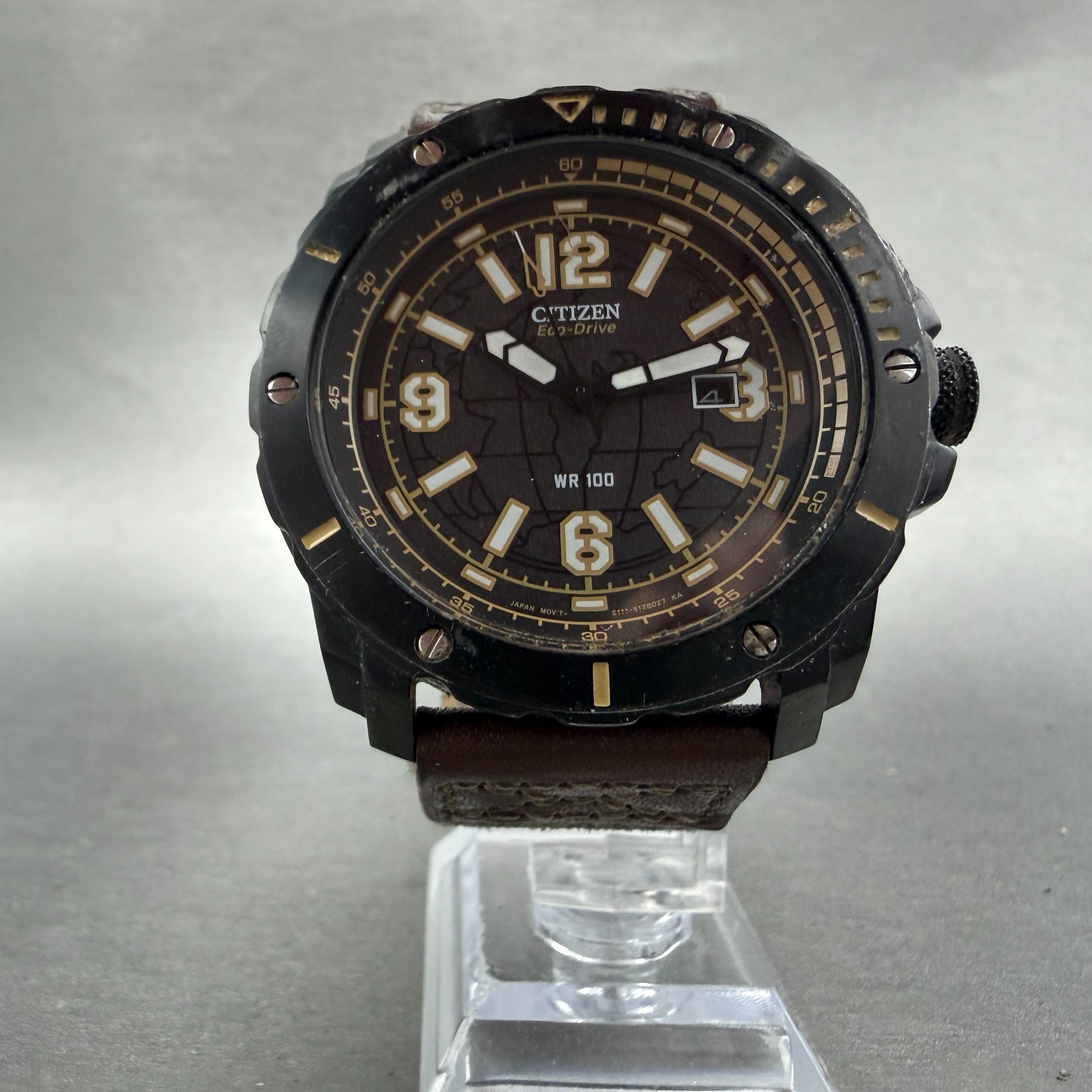 Citizen Eco-Drive Watch Men 46mm Black Dial Black Tone Date E111-S089131 Runs