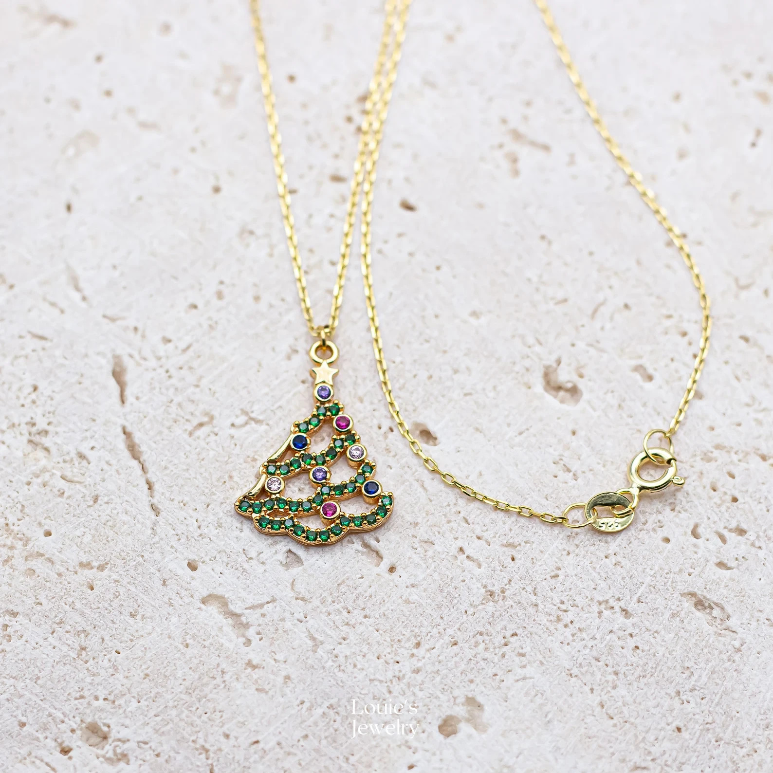 2 Ct Round Simulated Multi Stone Christmas Tree Pendant 14K Yellow Gold Plated