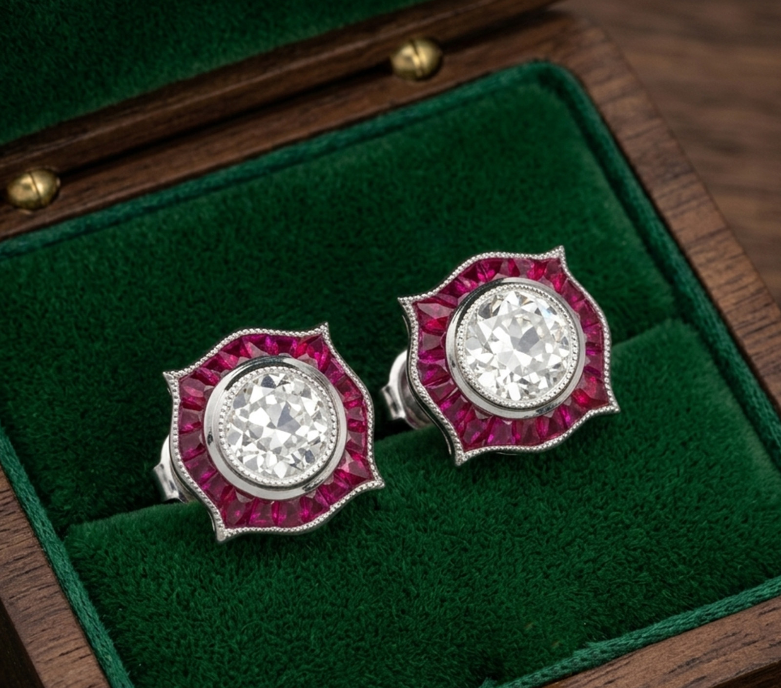 Old European Cut Simulated Diamond 14K Gold Art Deco Halo Milgrain Stud Earrings
