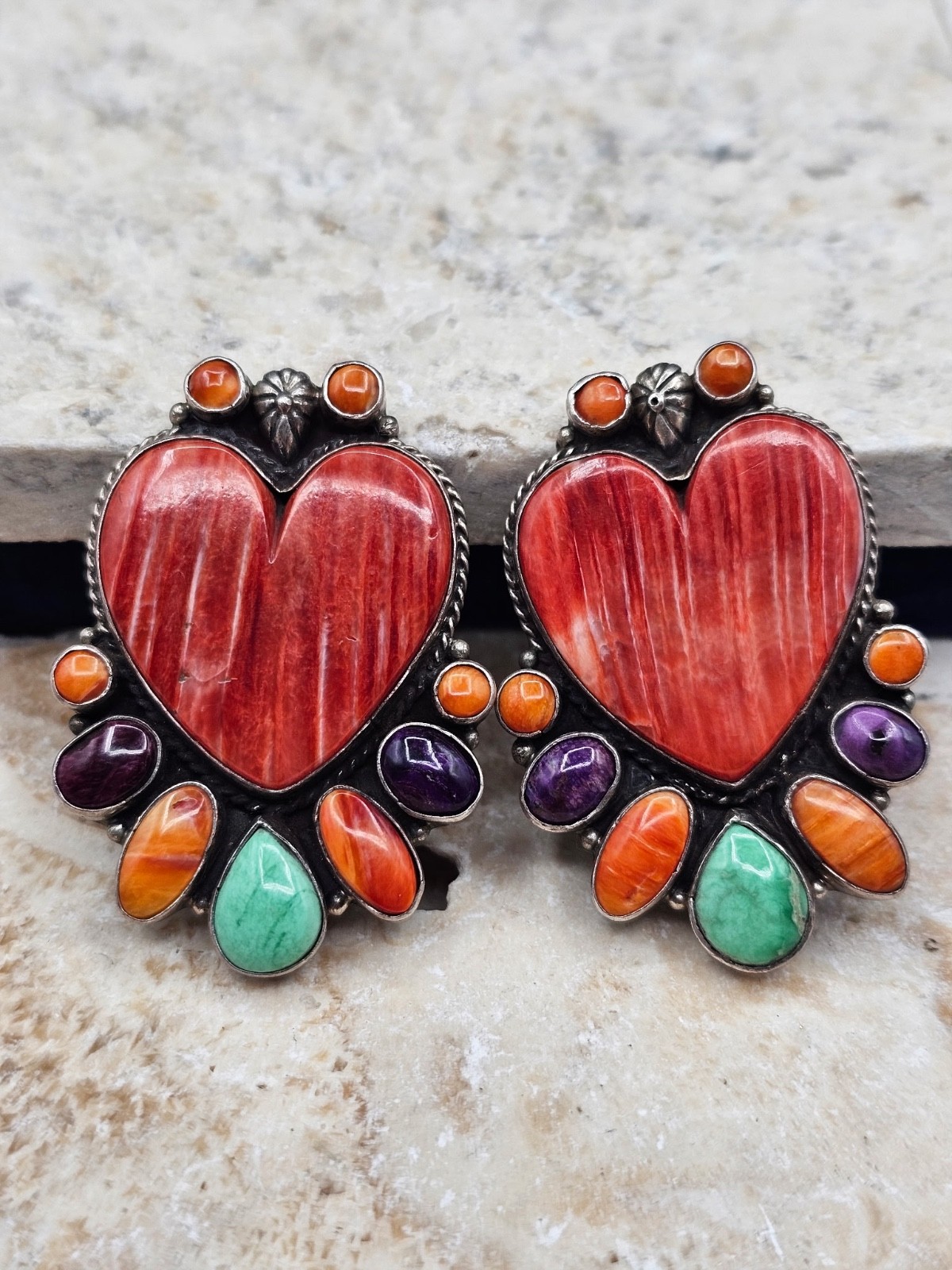 Vintage D.M. Lee Navajo Sterling Spiny Oyster Multi Stone Heart Clip Earrings