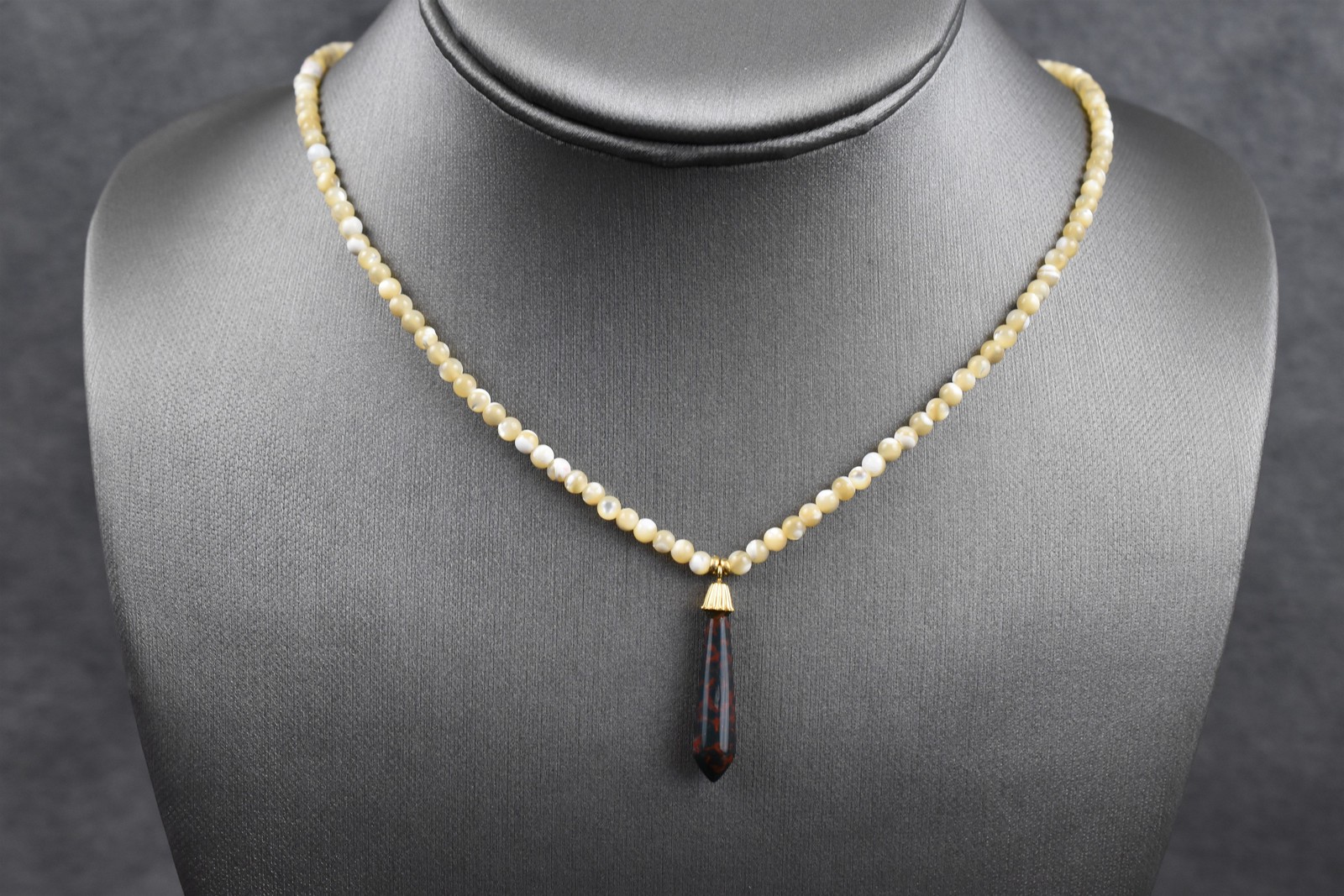Handmade Studio Bloodstone Drop Necklace Red MOP Beads 14K Gold 15-1/2 in