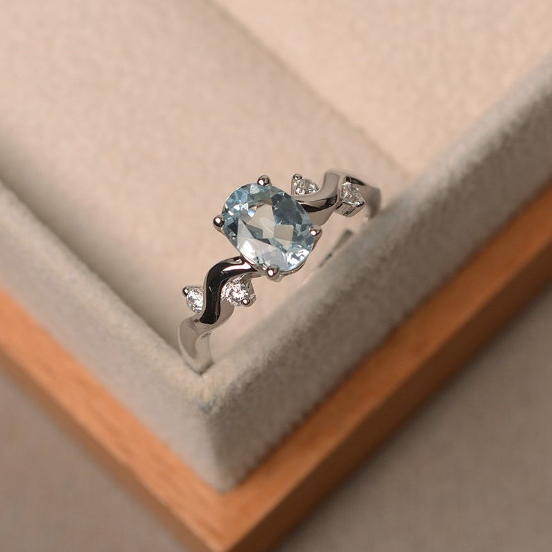 1.37 Ct Oval Cut Natural Aquamarine & Diamond Wedding Ring 14K White Gold Size 7