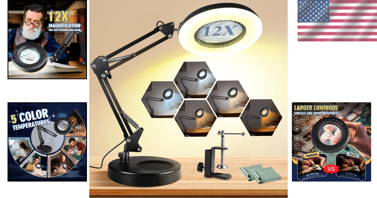 Hands-Free Magnifying Glass with Stand – LED Desktop Lamp