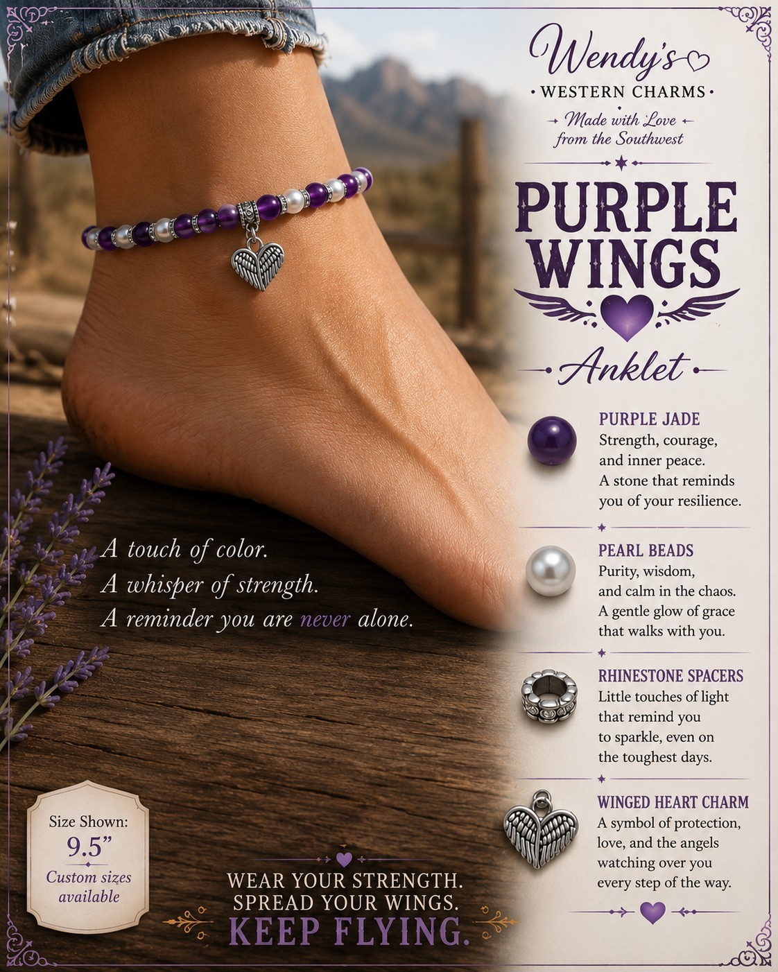 Purple Wings Anklet, Handmade Western Boho Anklet, Angel Wing Charm