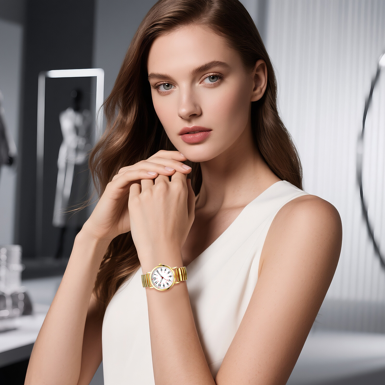 Women’s 12H/24H Big Dial Easy Reader Elastic Band Analog Quartz Cuff Wrist Watch