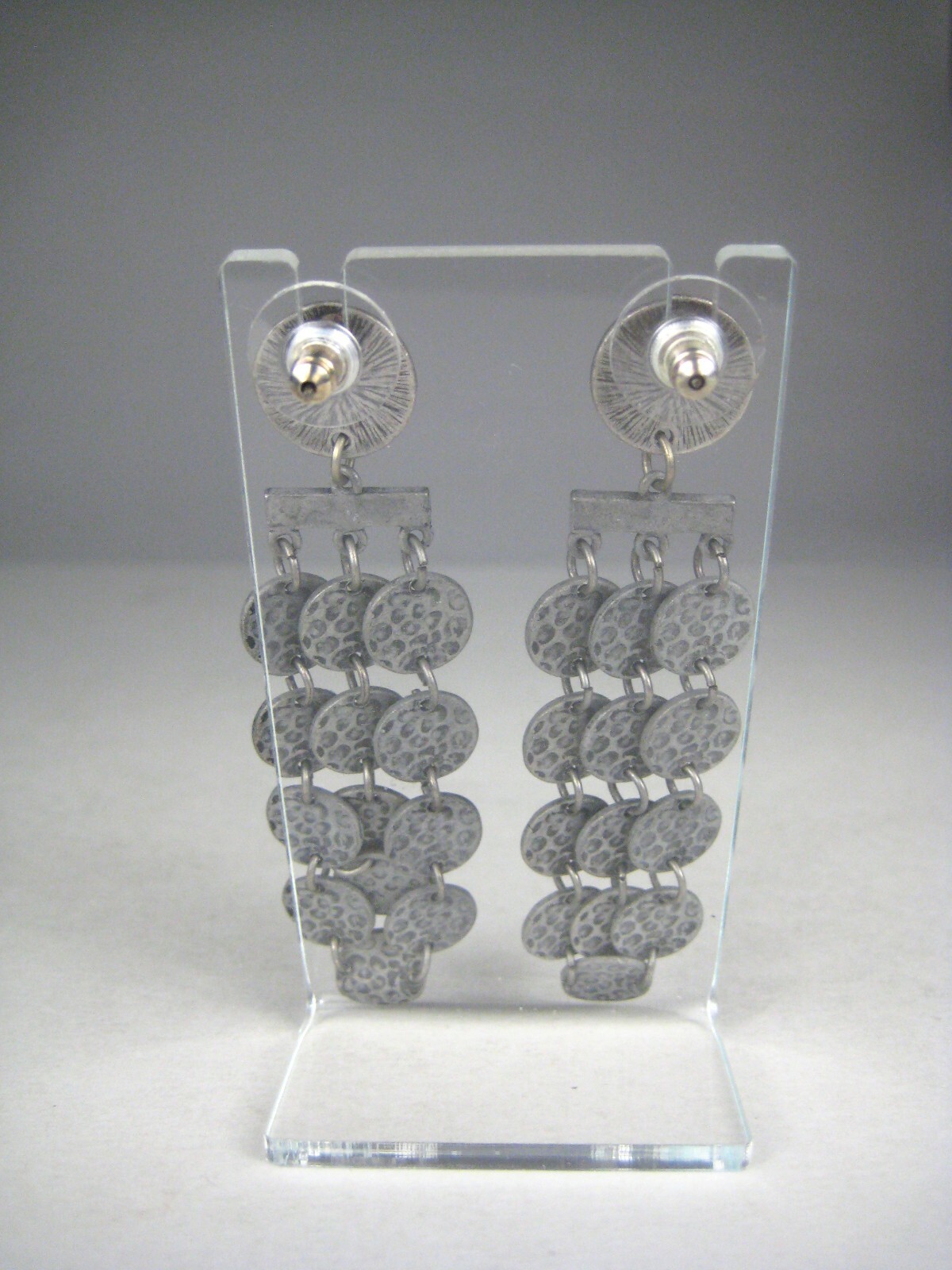 Earrings Womens Pierced Dangle Modern Statement Runway 2.8 in Hammered Gray