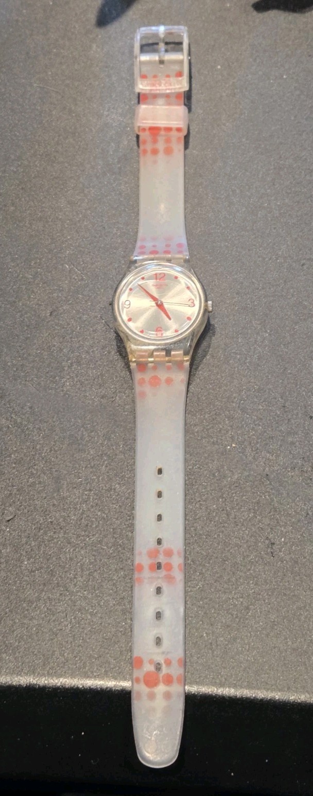 Vtg Swatch Watch 80’s 90’s Rare Red Darling 8″ Quartz Polka Dot Transparent C201