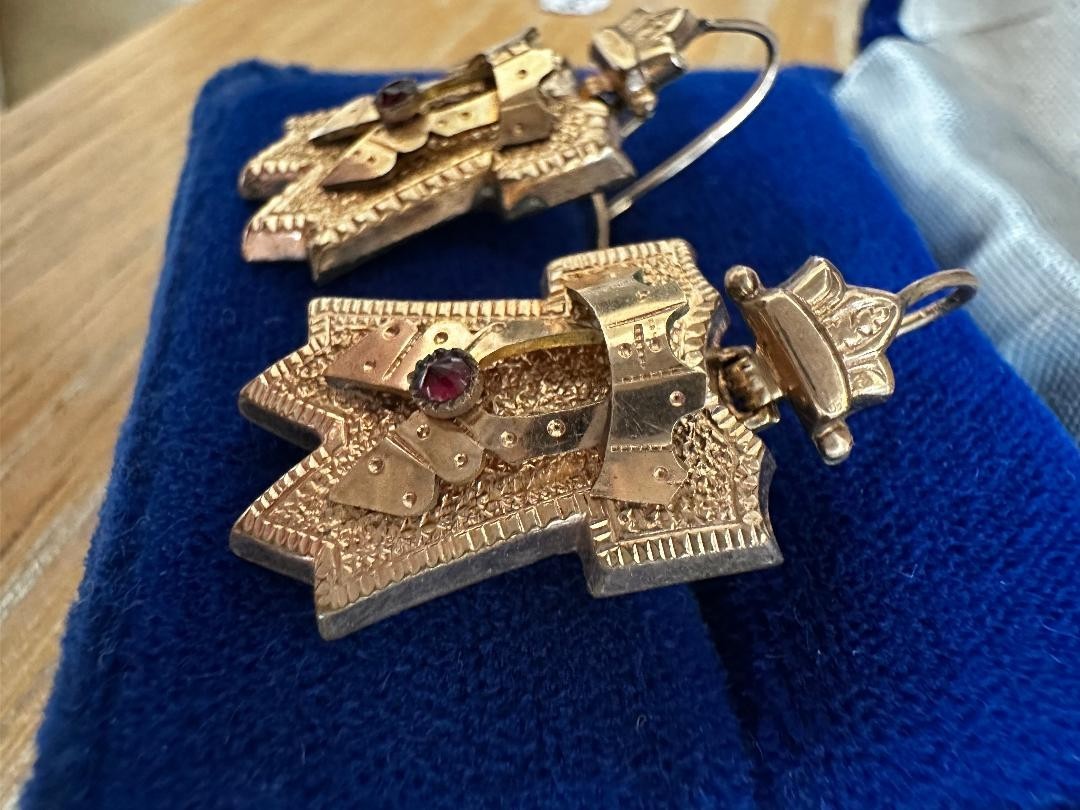 Antique Victorian Gold Filled Shield Etruscan Style Drop Earrings Garnet Accents