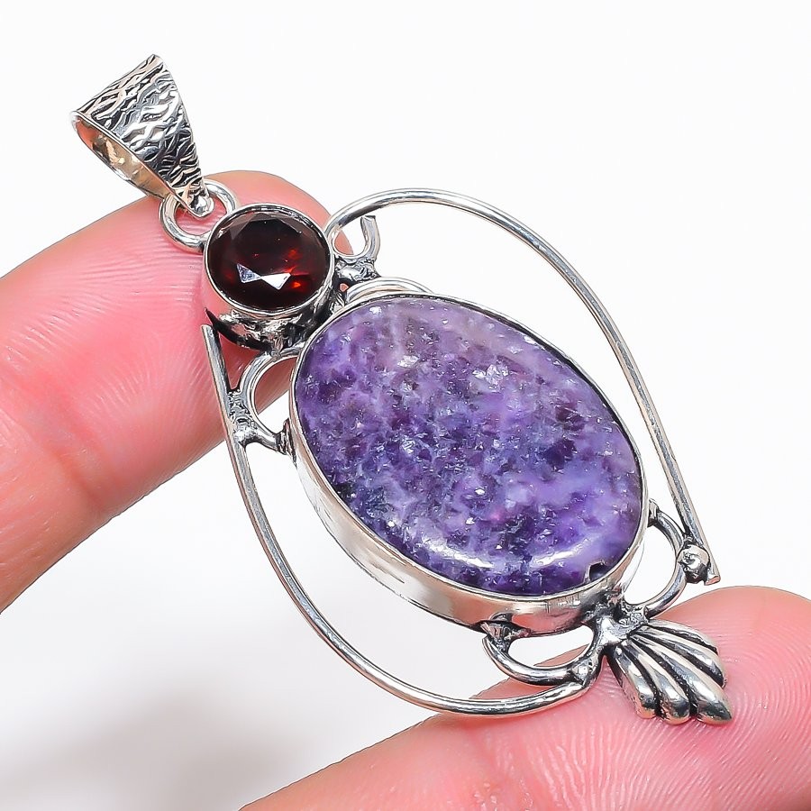 Lepidolite Mozambique Garnet Gemstone Pendant Handmade Gift Jewelry 2.2″ FP 3372