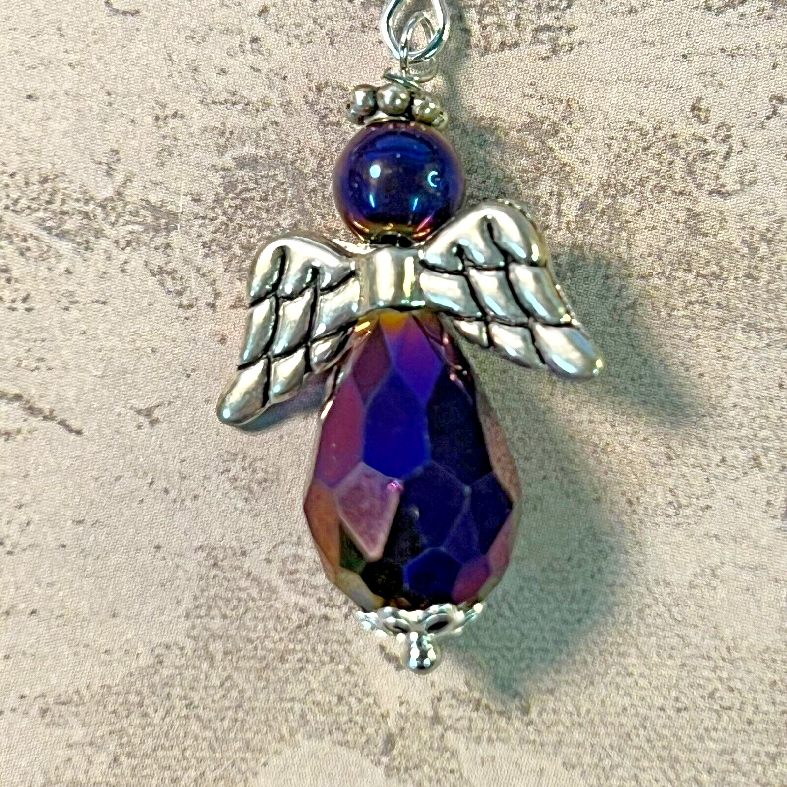Silver Tone Iridescent Purple Etched Angels Charms Dangle Earrings. Heaven. S497