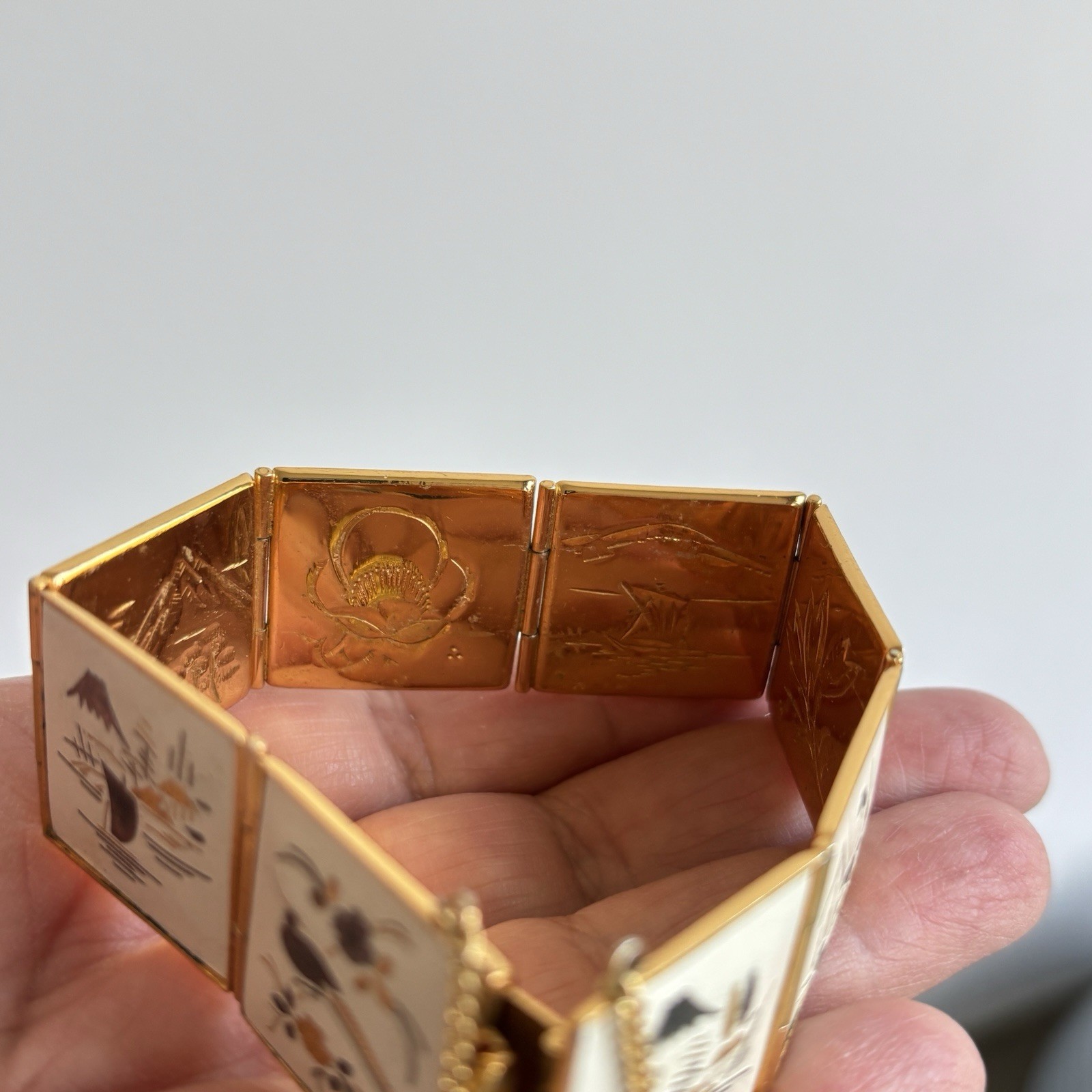 Vintage Amita Japan Damascene Panel Bracelet Gold Tone Scenic Floral Bird Motif