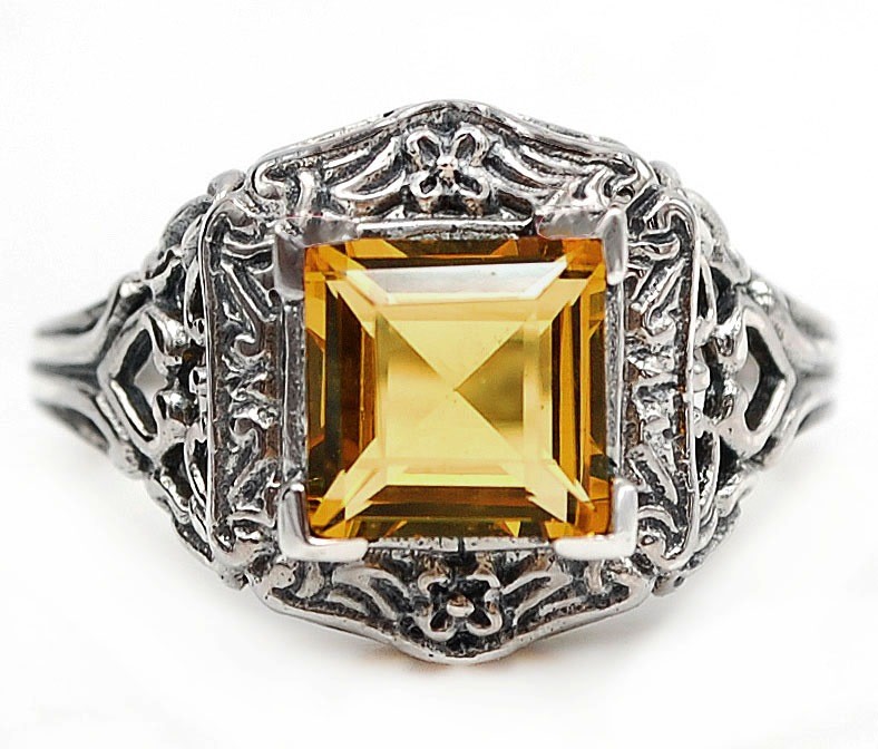 2CT Golden Citrine 925 Sterling Silver Filigree Ring Sz 6,7,8,9 AZ3
