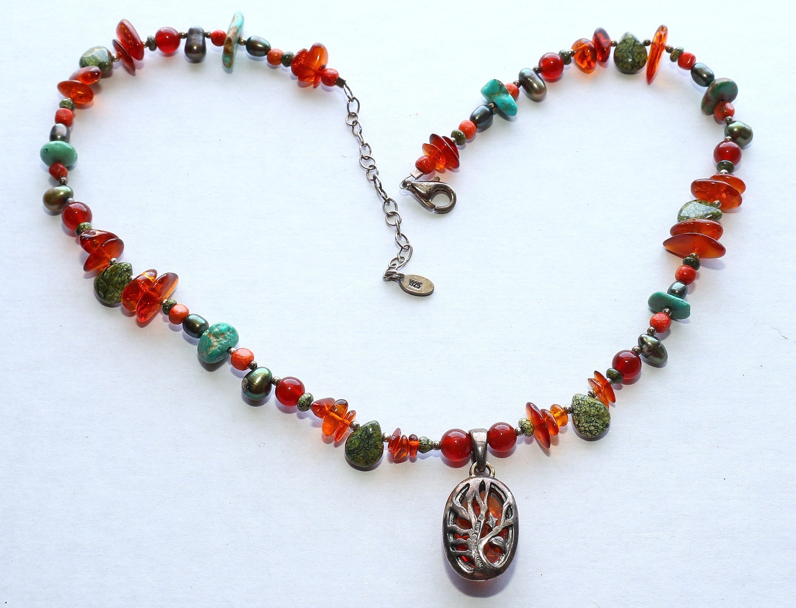 BARSE Necklace Amber Beads Sterling Pendant Turquoise 925 Silver Beaded THAI 20″