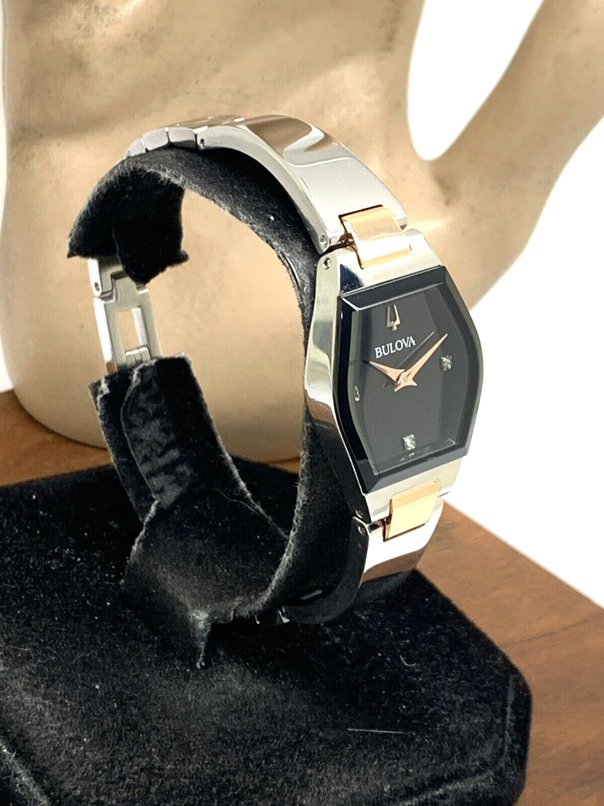 Bulova Womens Watch 98P216 Gemini Diamond Black Dial 2-Tone Quartz Petite 22.5mm