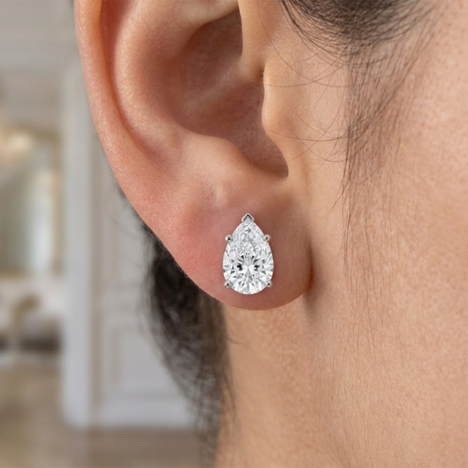 3 Ct Pear Lab Created Moissanite Earrings 18k White Gold Vermeil Screw