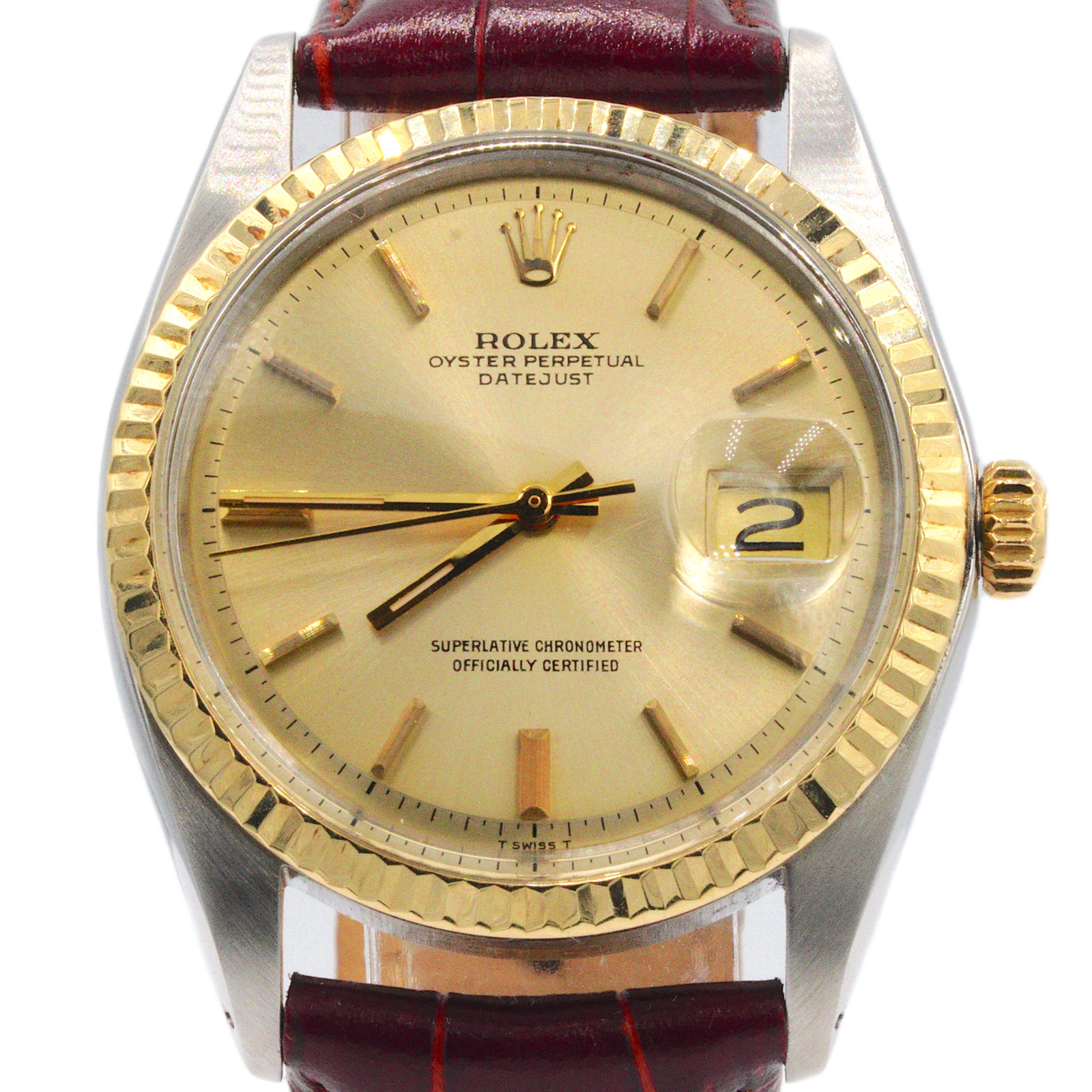 Vintage Mens Rolex Datejust 1601 Two-Tone Watch Gold Champagne Dial Brown Strap
