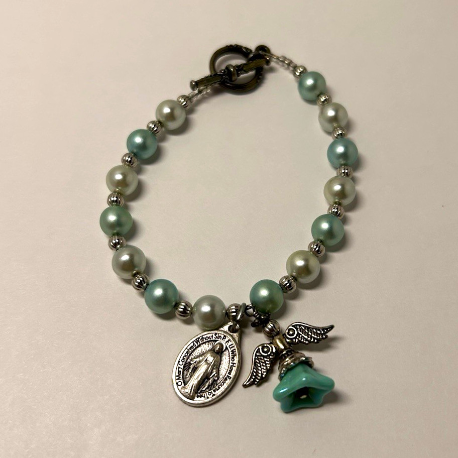 Miraculous Miracle Beaded Bracelet Religious Charm Blue/White Made in Italy
