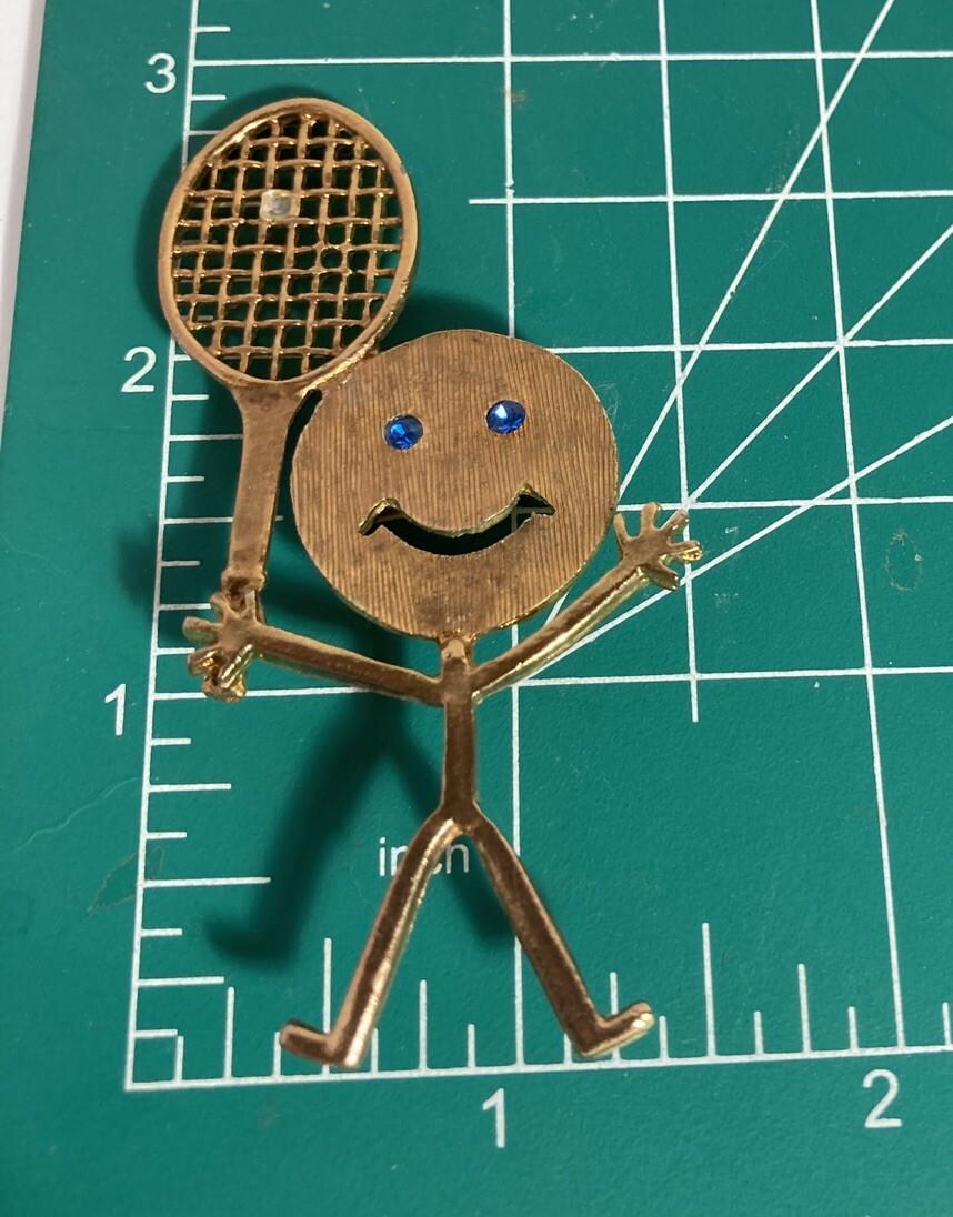 Tennis Racket Player Pin Brooch Anthropomorphic Blue Rhinestone Eyes