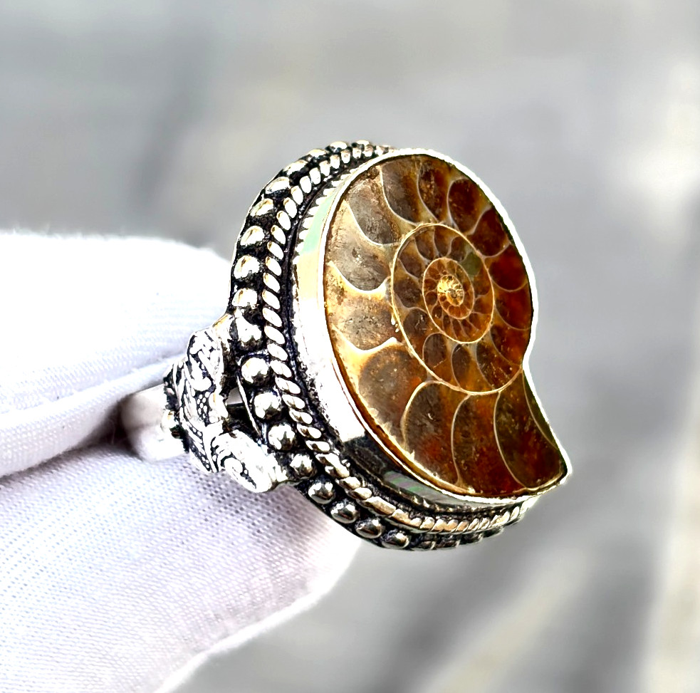 Natural Ammonite Gemstone Handmade 925 Sterling Silver Ethnic Jewelry Ring