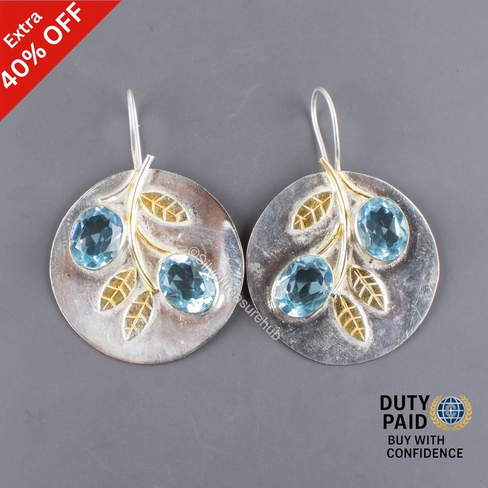 Natural Sky Blue Topaz 925 Sterling Silver Dangle Drop Mother Trendy Earrings