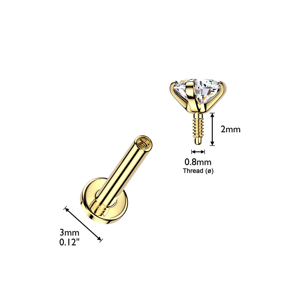 14K Gold Internally Threaded Flat Base Labret With Prong Set Lab-Grown Diamond