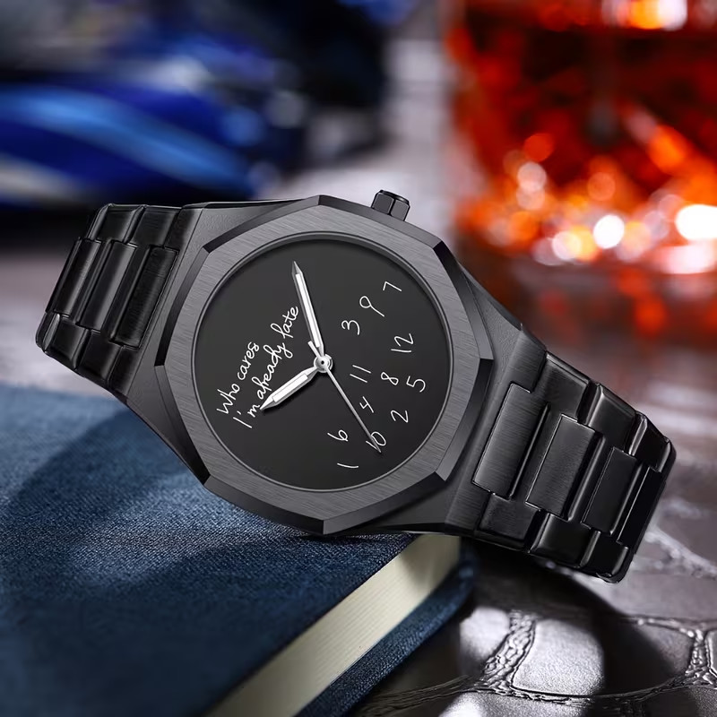 Men Slogan Watch Casual Business Quartz Watch Black “Who Cares I’m already late”