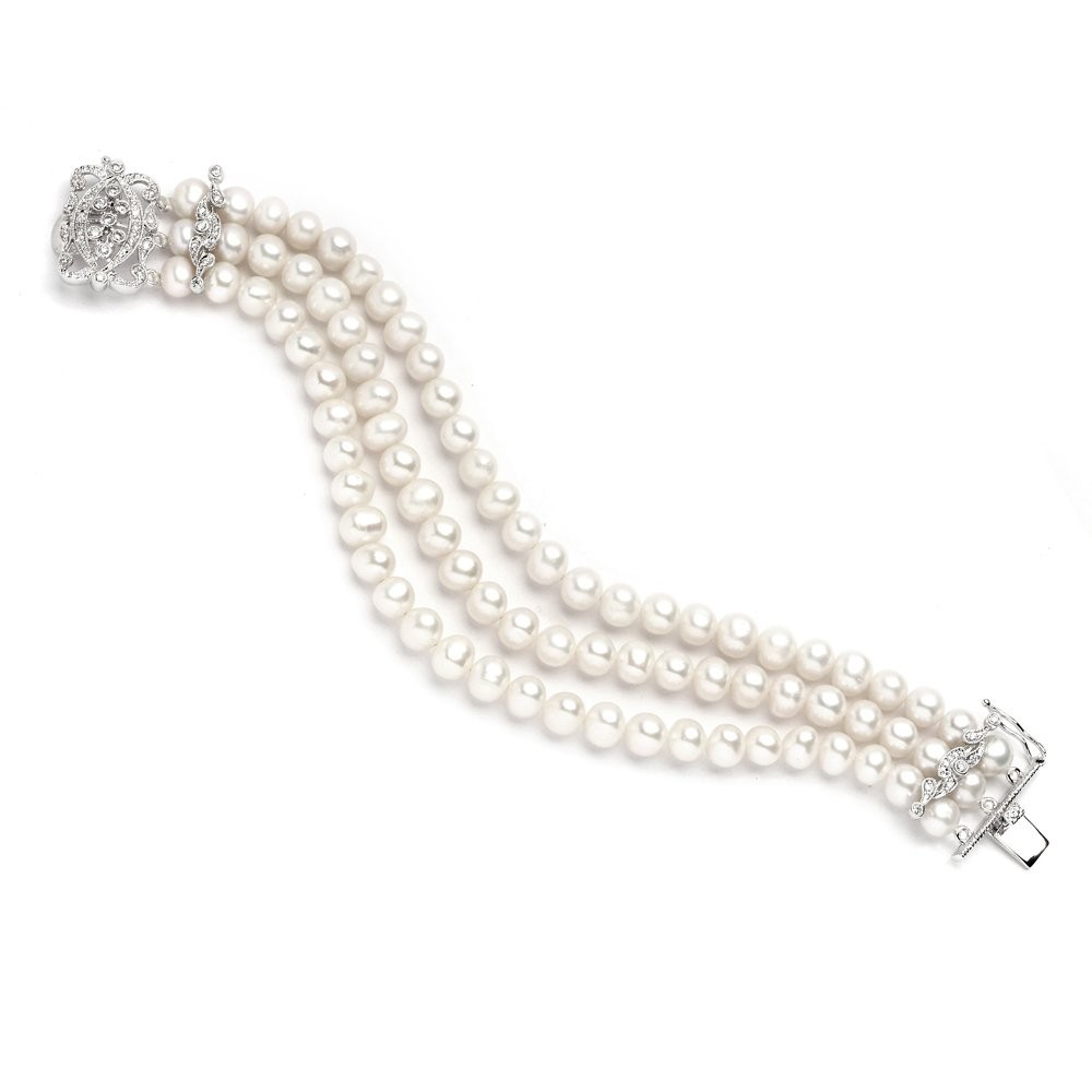 Genuine Freshwater Pearl 3-Strand Bridal Wedding Bracelet, CZ Safety Clasp, Gift