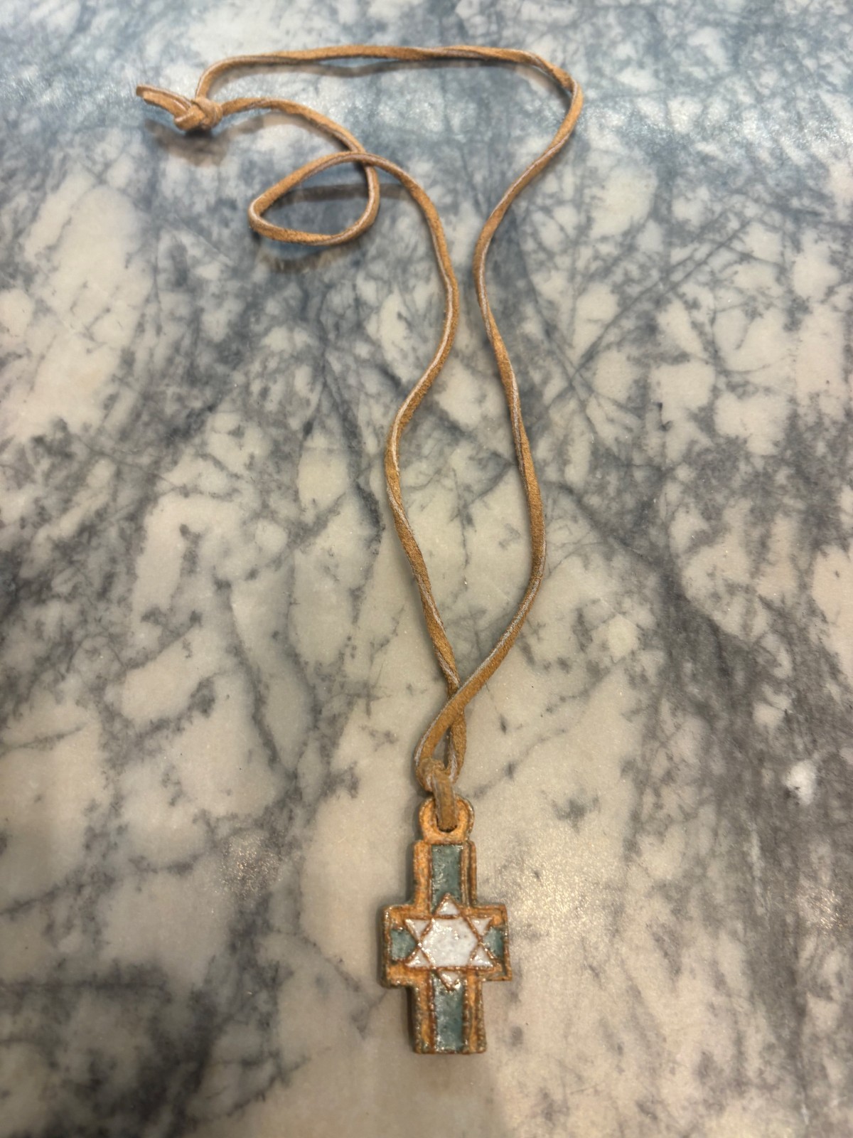 Ceramic Pendant on leather strap with cross and Star of David