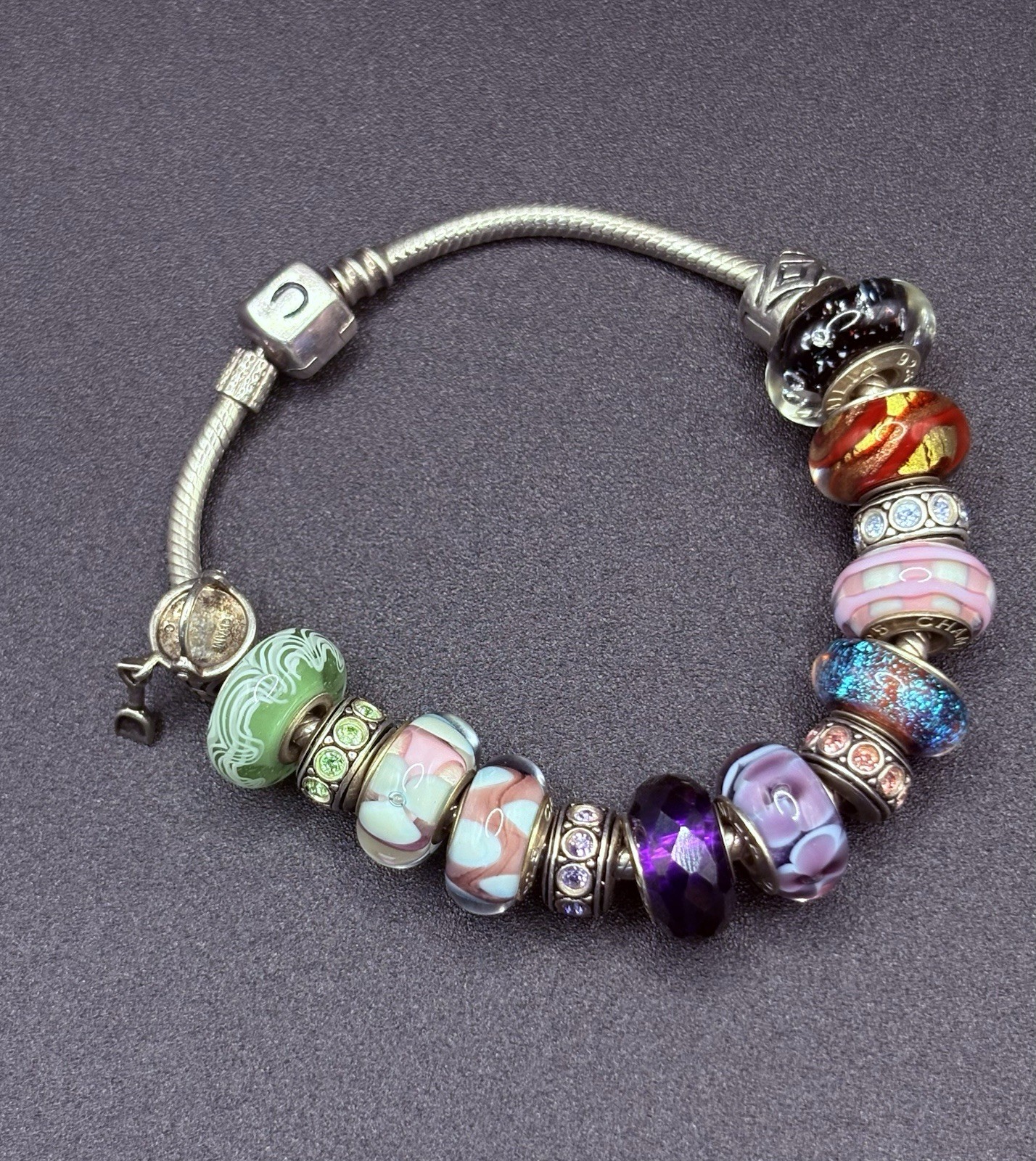 Chamilia Sterling Silver 925 Charm Bracelet 15 Murano Glass CZ Beads 7.5” 51g