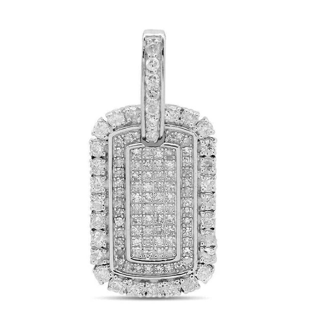 Men’s 2.0Ct Round Cut Real Moissanite Dog Tag Pendant Real 14K White Gold Plated