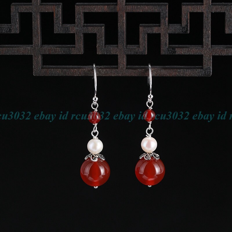 Natürlich 6-10mm Rot Jade Edelstein Rund & Weiß Perlen Dangle Haken Ohrringe