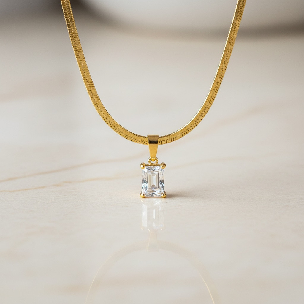 Diamond CZ Snake Chain – Emerald Cut Necklace | Dainty Herringbone | 18k Gold