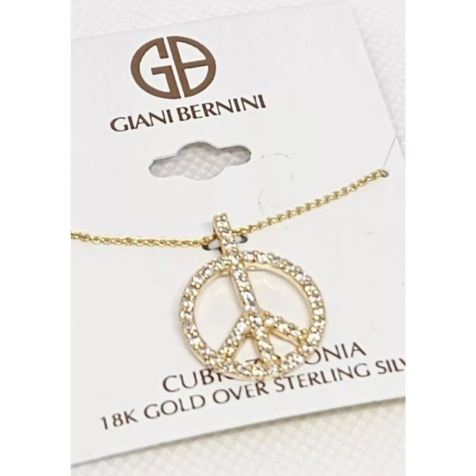 18K Gold Vermeil Necklace Peace Pendant CZ Women’s Fashion Stylish Chic NWT