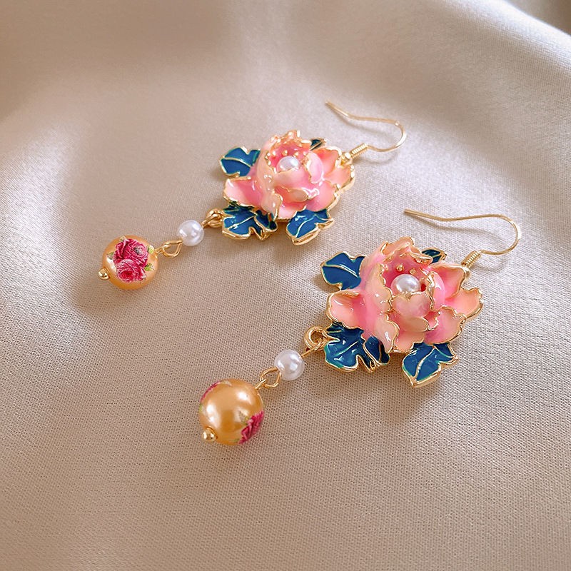 New Chinese Enamel Painted Flower Pearl Tassel Earrings