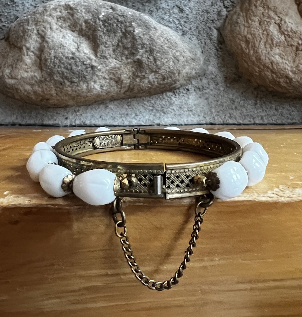 Vintage Miriam Haskell Bracelet 9” Brass Filigree Clasp Glass Beads Safety Chain