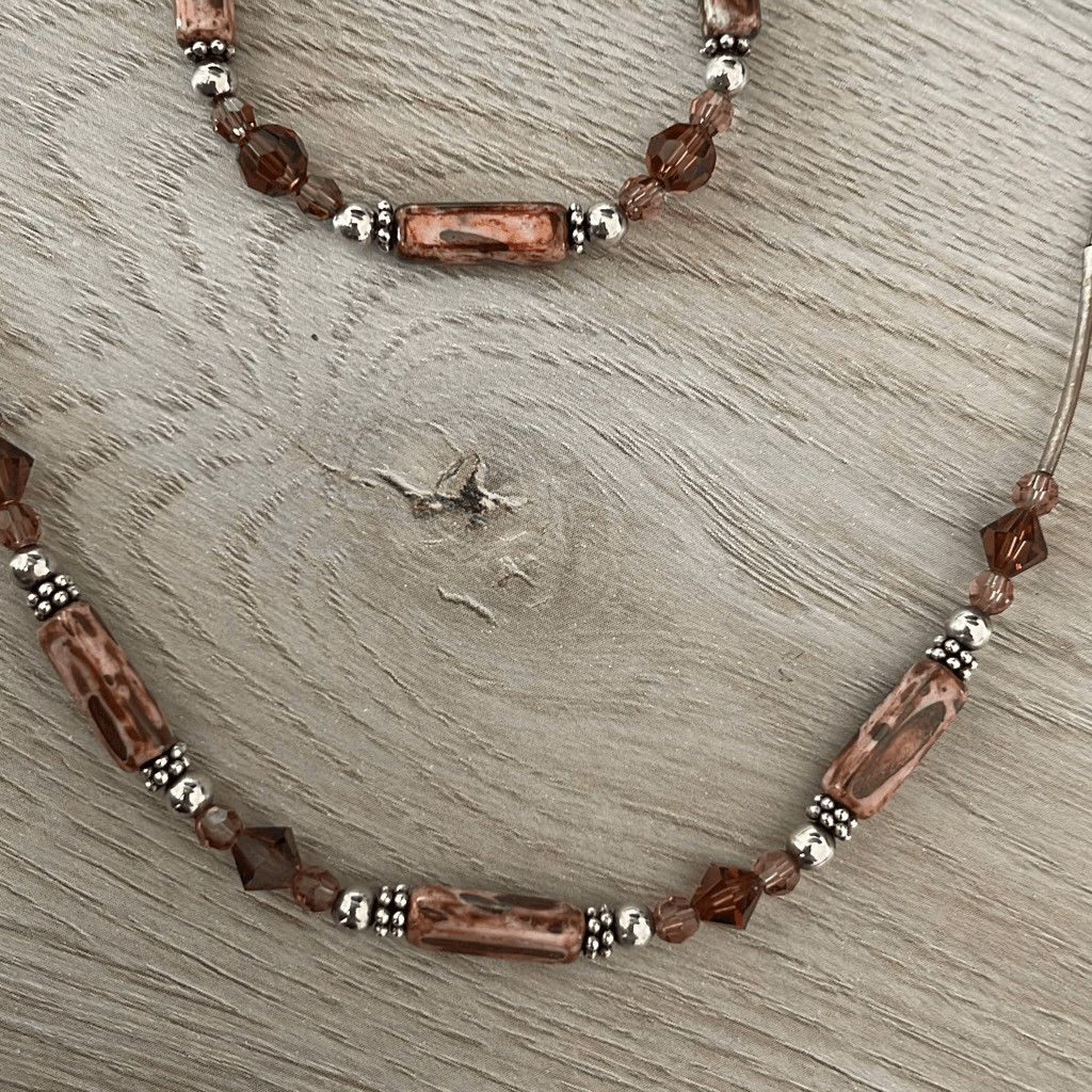 Handmade Unisex Pipe Beads Necklace And Bracelet 2 Piece Set Brown Silver OS