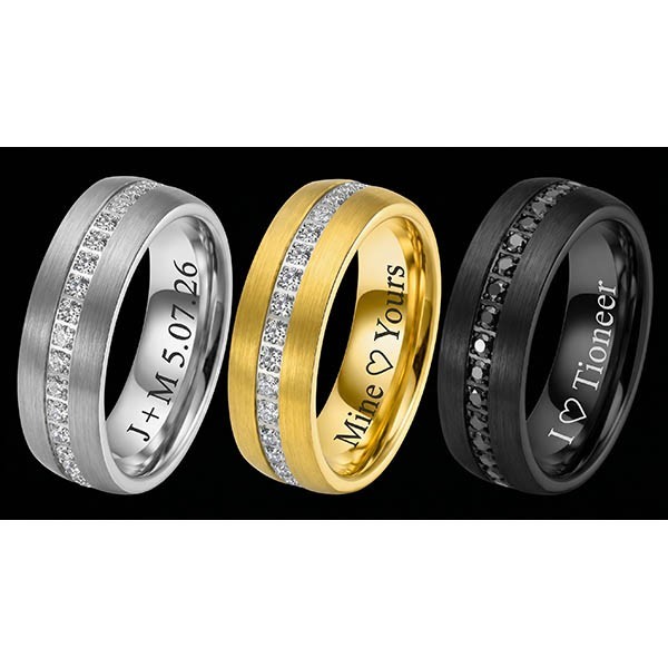 Dome Tungsten Ring w Eternity Cubic Zirconia in Diff Colors w/ Free Engraving