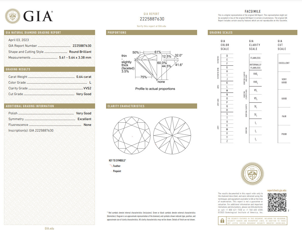 GIA Certified 0.64 CT Natural DiamondRound Brilliant Cut VVS2 Very Good Cut