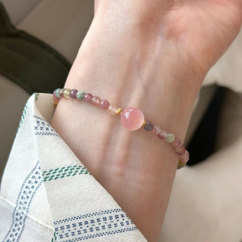 Rainbow Tourmaline 2mm Round Bead Healing Dainty Minimalist Stretch Bracelet