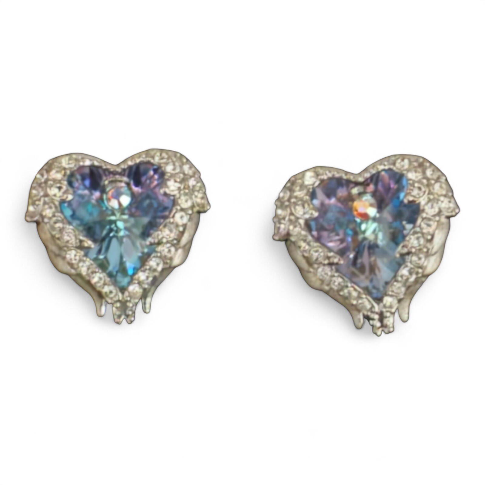 Sparkly Madison Ashley Aqua Blue Rhinestone Angel Heart Post Earrings—1/2 Inch