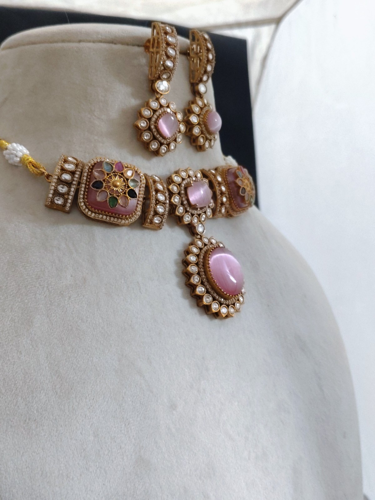 Alishba Pink Kundan Choker Necklace Set with Meenakari Accents Roz Jewellers.