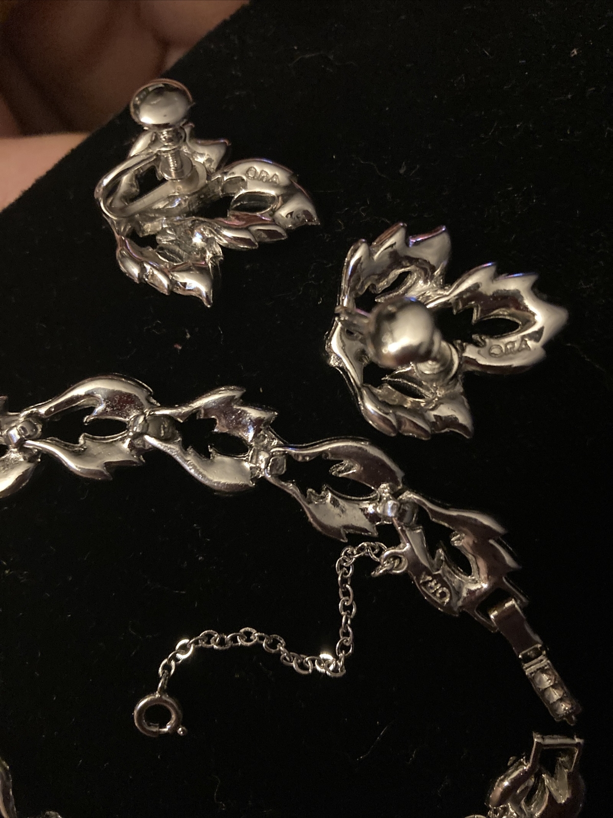 Vintage Ora Rhinestone SilverTone Safety Chain Bracelet 8”+ORA Earrings Set